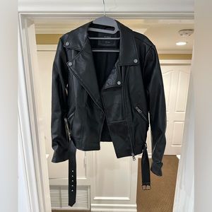 Hip length leather jacket with belt